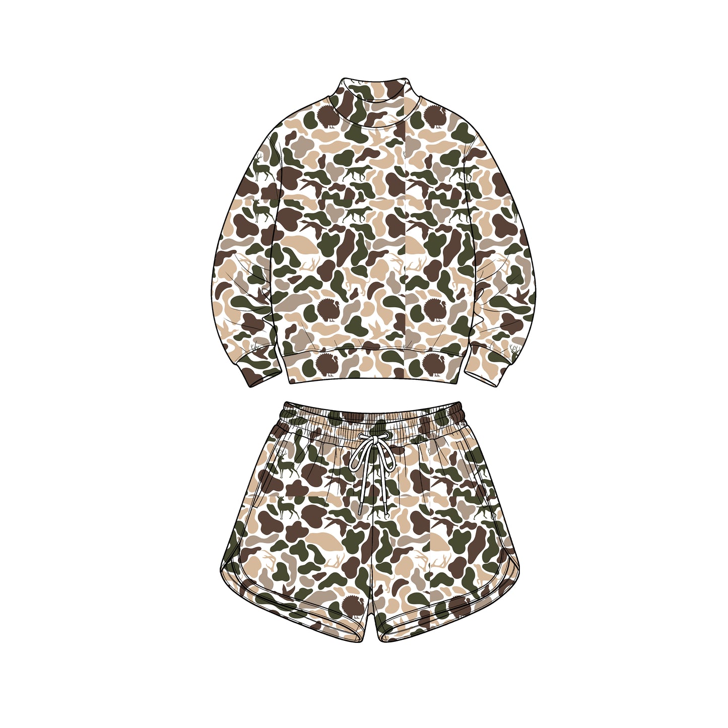 Adult Women deer dog camo color long sleeve top matching shorts yoga outfit preorder