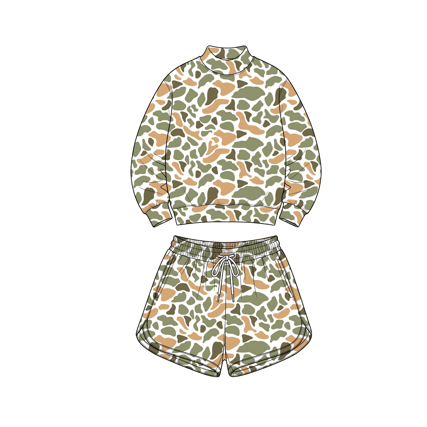 Adult Women green orange camo color long sleeve top matching shorts yoga outfit preorder
