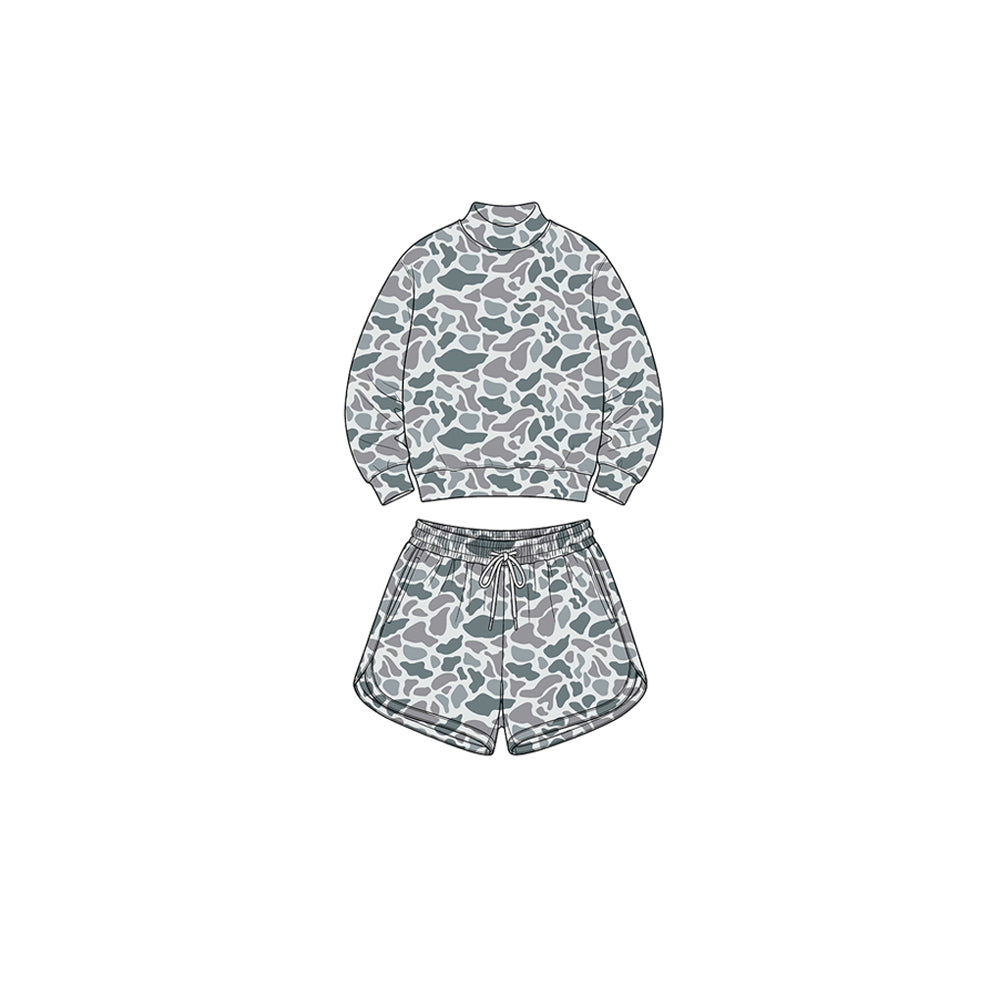Light grey camo long sleeve yoga pullover top matching shorts girls outfit preorder