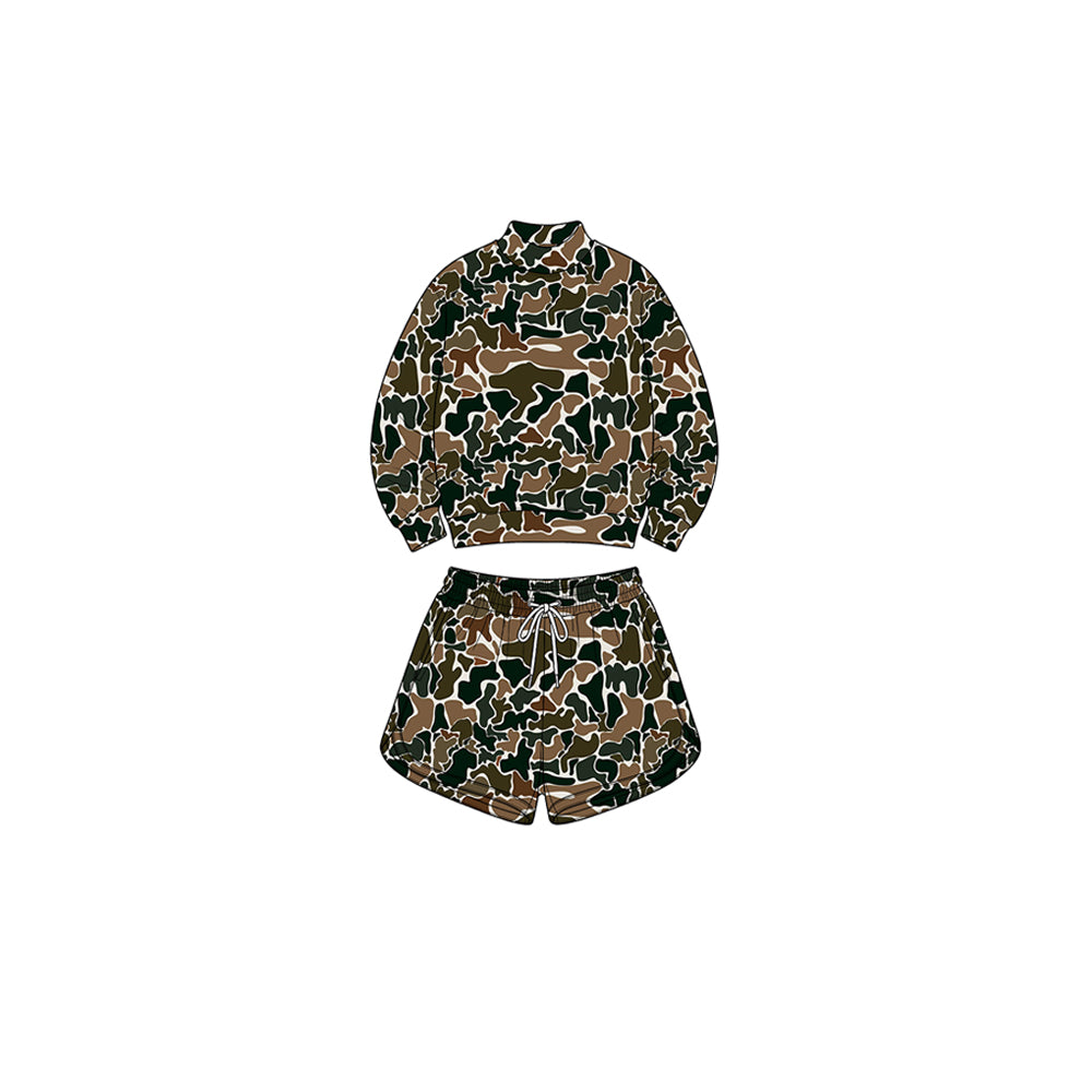 Brown camo long sleeve yoga pullover top matching shorts girls outfit preorder
