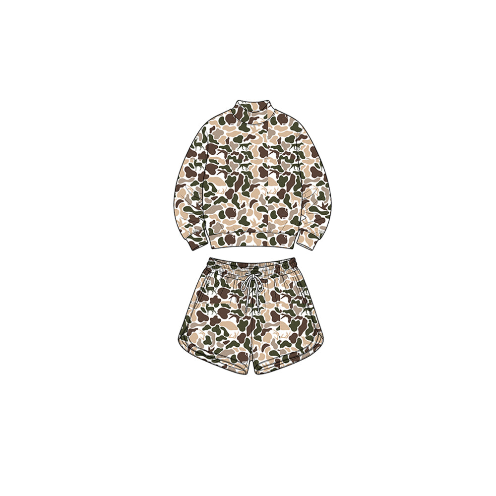 Deer duck camo long sleeve yoga pullover top matching shorts girls outfit preorder