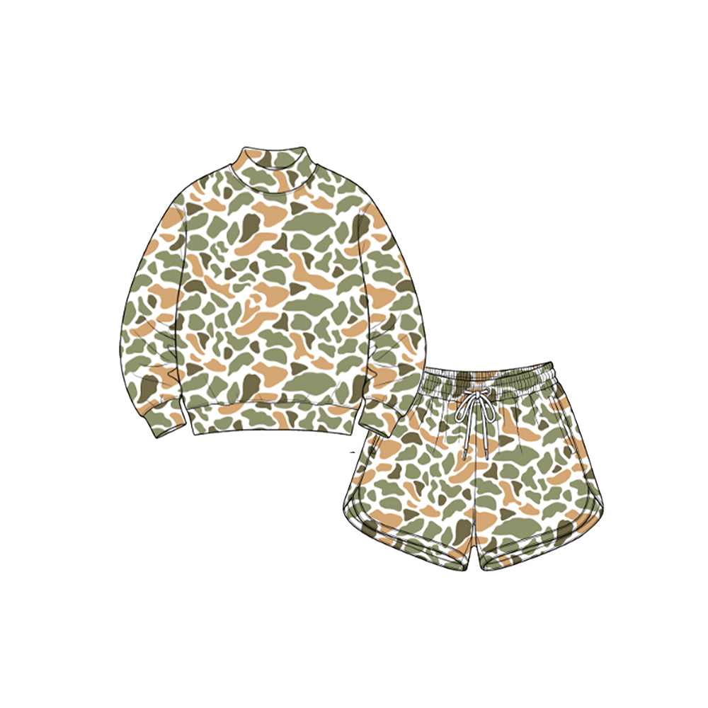Orange green camo long sleeve yoga pullover top matching shorts girls outfit preorder