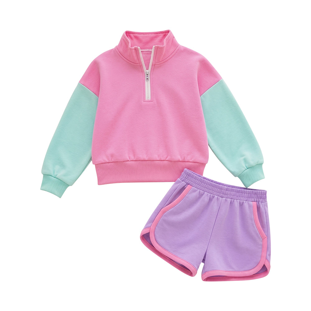 Long sleeve pink long sleeve top matching shorts girls wholesale factory price outfit preorder