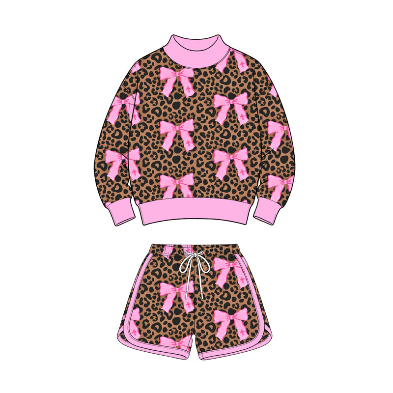 Long sleeve leopard bow top matching shorts girls wholesale factory price outfit preorder