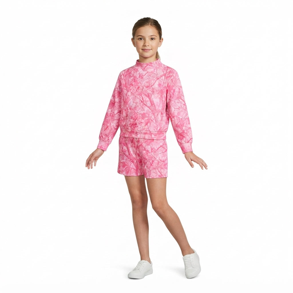 Pink leaves print long sleeve girls fall season outfit