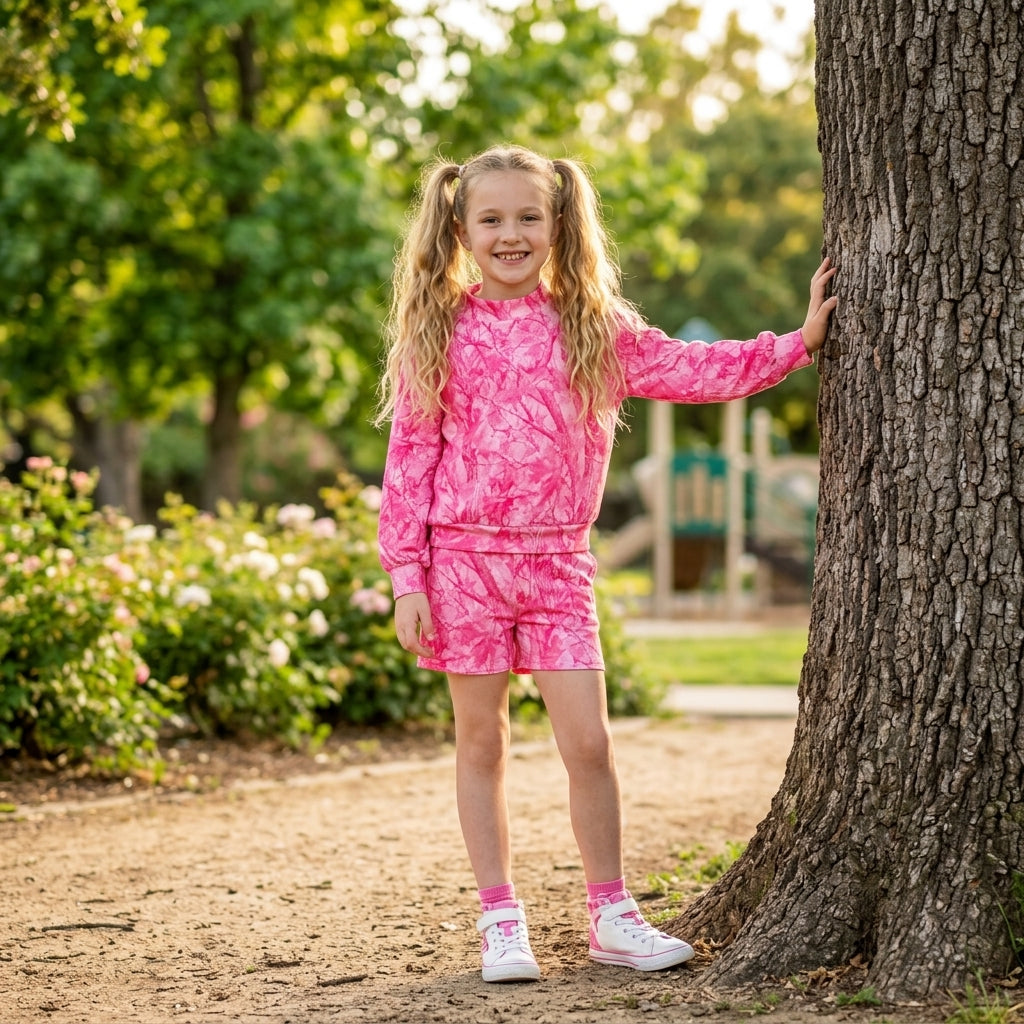 Pink leaves print long sleeve girls fall season outfit