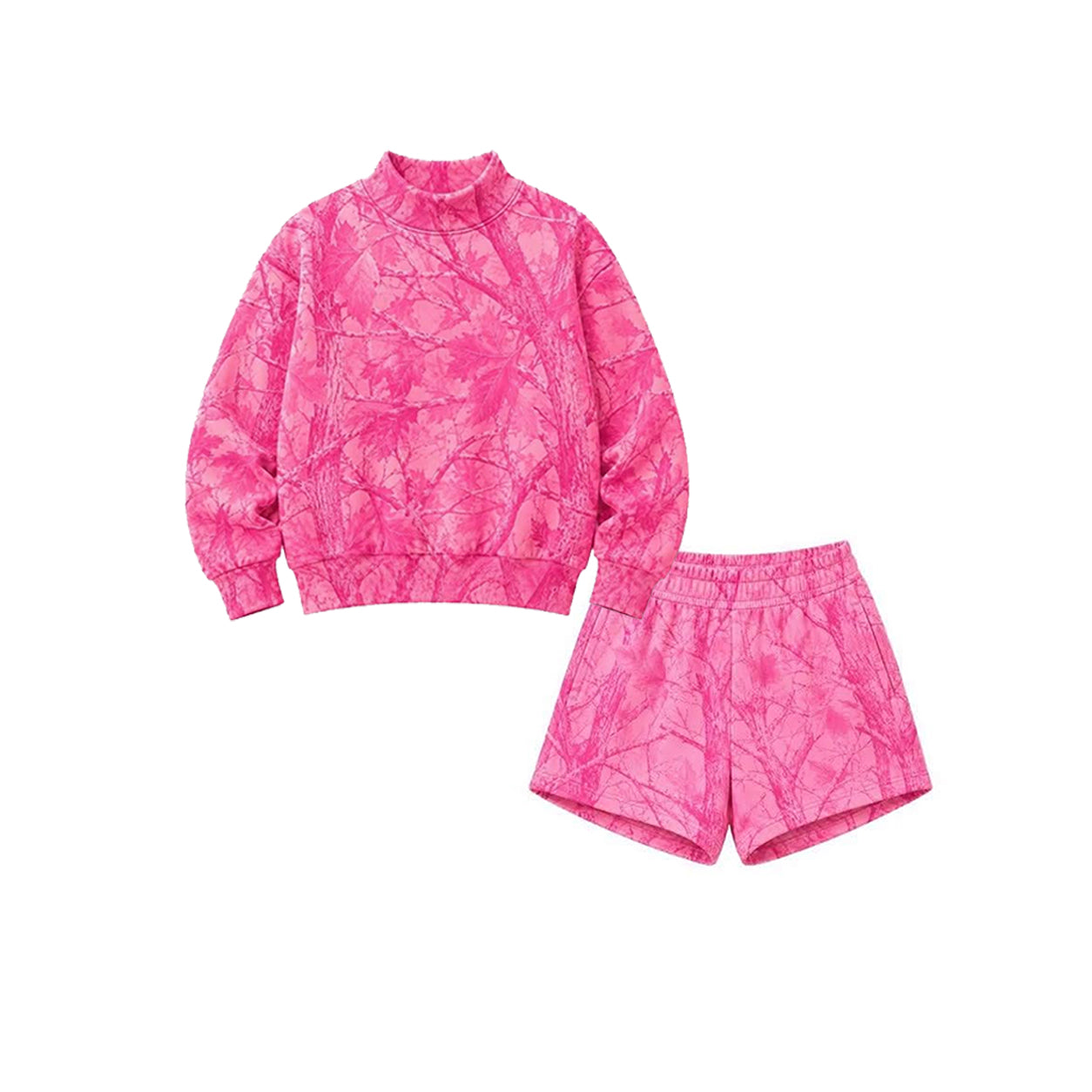 Adult Women hot pink leaves color long sleeve top matching shorts outfit preorder