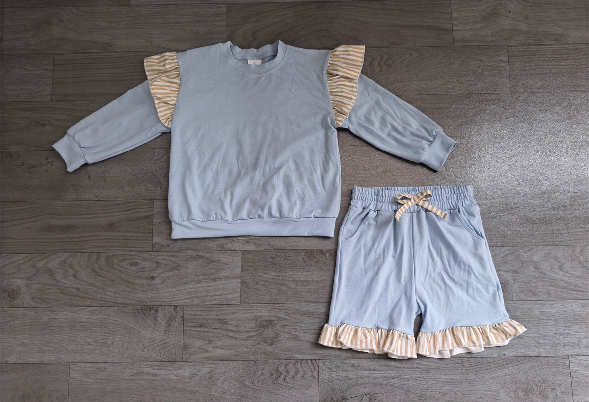 Blue long sleeve top matching shorts girls outfit preorder