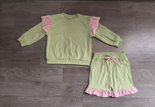 Pea Green long sleeve top matching shorts girls outfit preorder