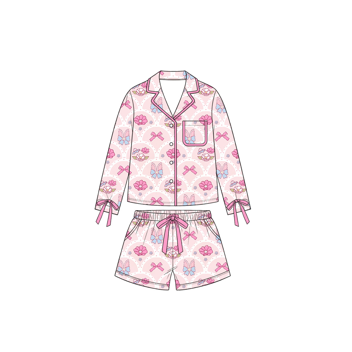Easter bunny flowers print long sleeve  top matching shorts girl outfit preorder