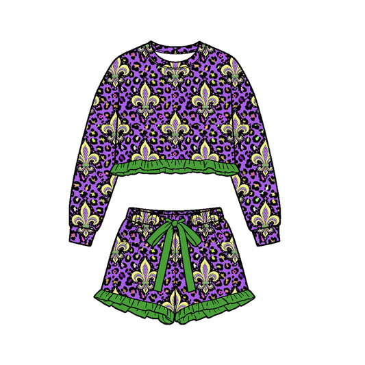 Mardi Gras long sleeve top matching shorts girls outfit preorder