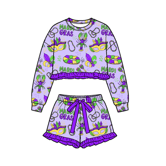 Mardi Gras long sleeve top matching shorts girls outfit preorder