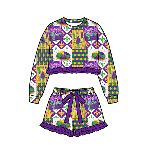 Mardi Gras long sleeve top matching shorts girls outfit preorder