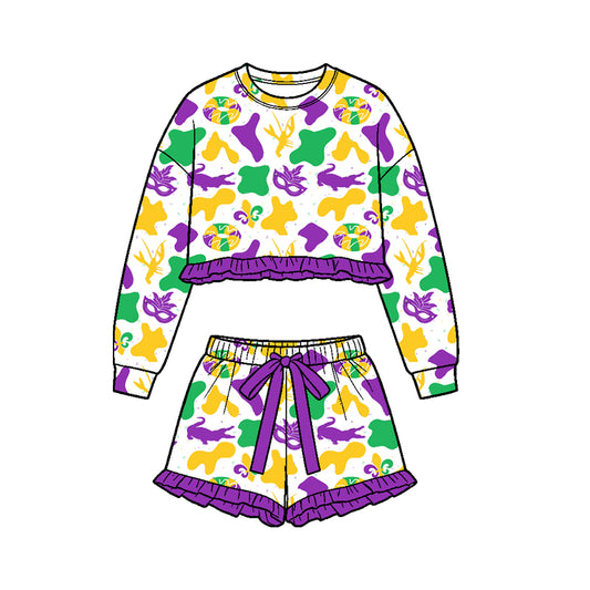 Mardi Gras long sleeve top matching shorts girls outfit preorder