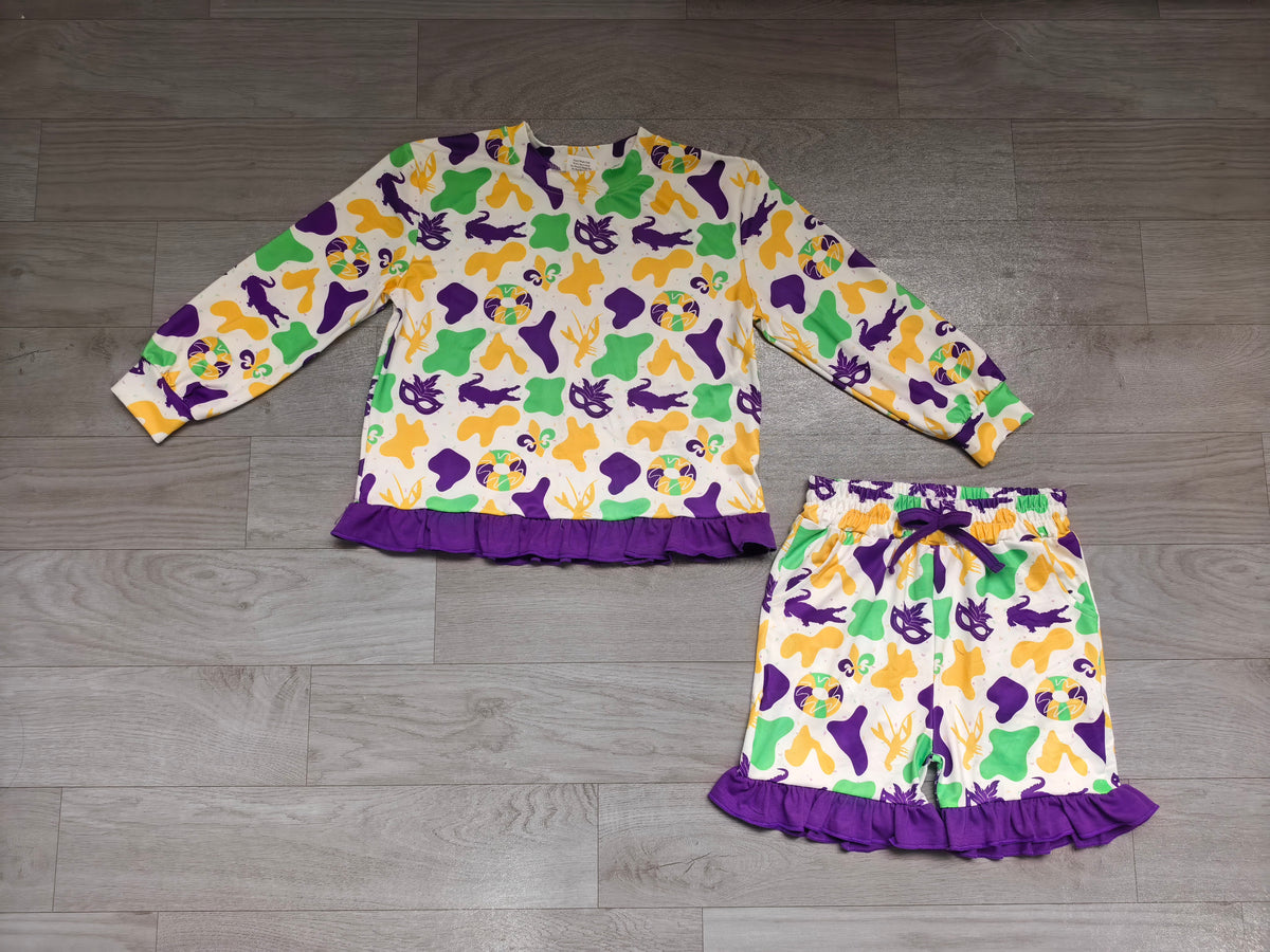 Mardi Gras long sleeve top matching shorts girls outfit preorder