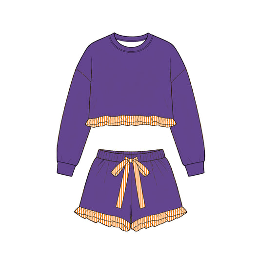 Long sleeve purple cotton top matching shorts girls cotton clothes preorder
