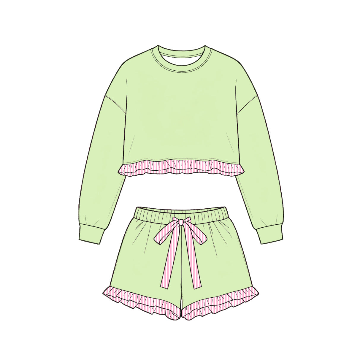 Long sleeve lime green cotton top matching shorts girls cotton clothes preorder
