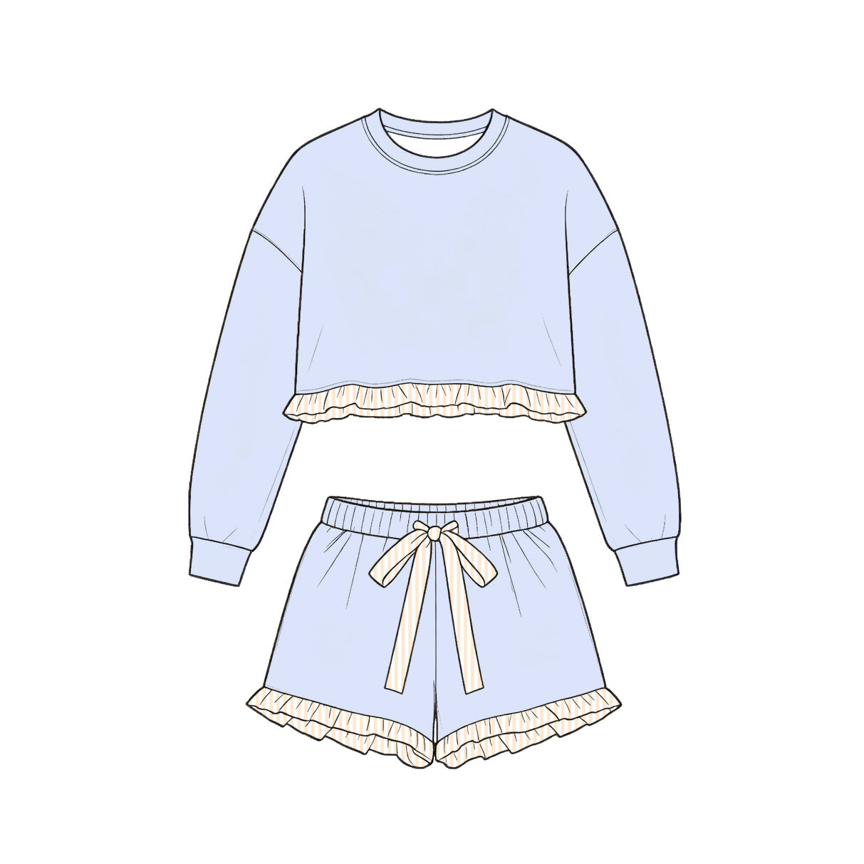 Long sleeve blue cotton top matching shorts girls cotton clothes preorder