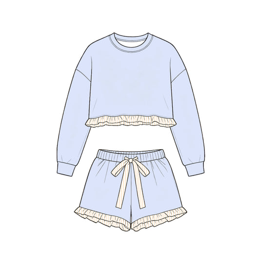 Long sleeve blue cotton top matching shorts girls cotton clothes preorder