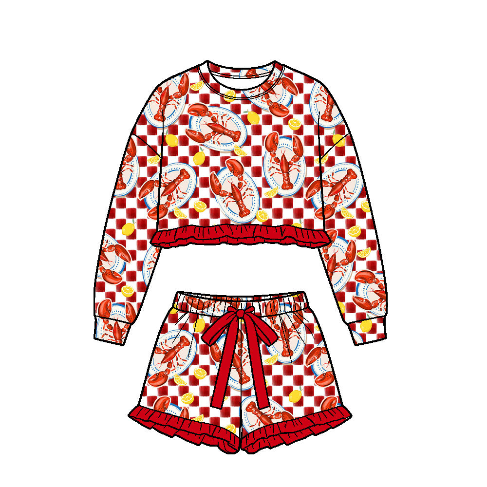 Crawfish red plaid print girls long sleeve outfit preorder