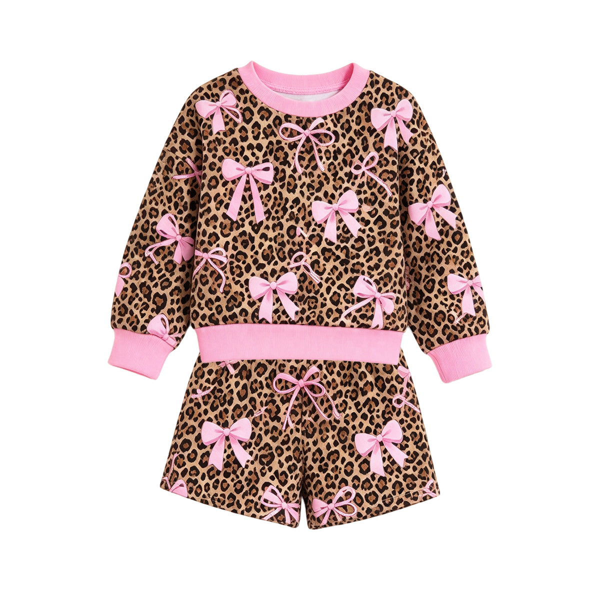 Leopard pink bow long sleeve top shorts girls outfit preorder