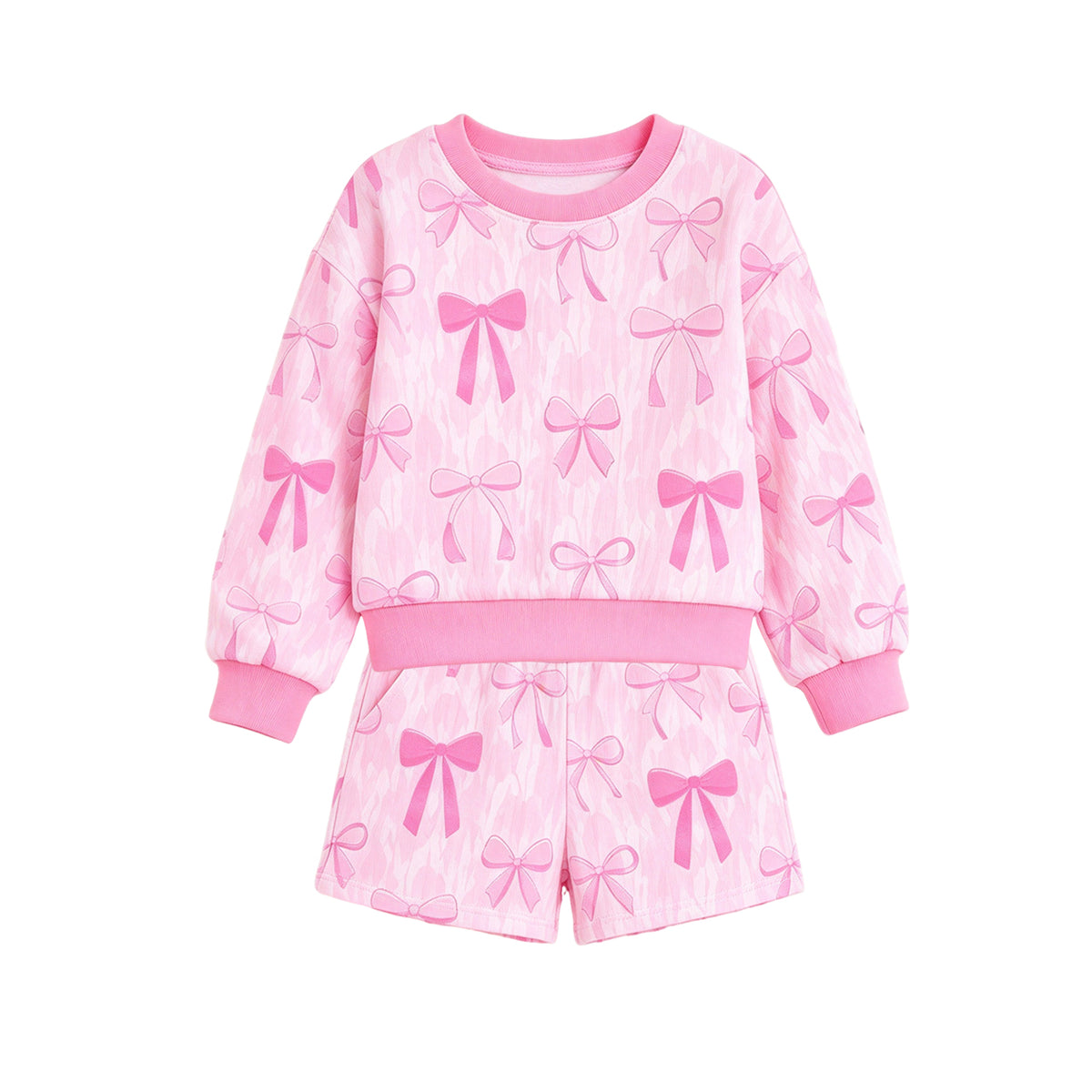 Pink bow print long sleeve top shorts girls outfit preorder