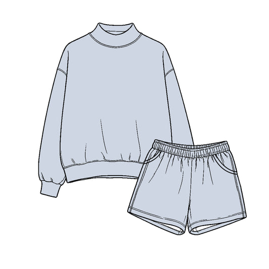 Blue long sleeve mock neck top matching shorts set outfit preorder
