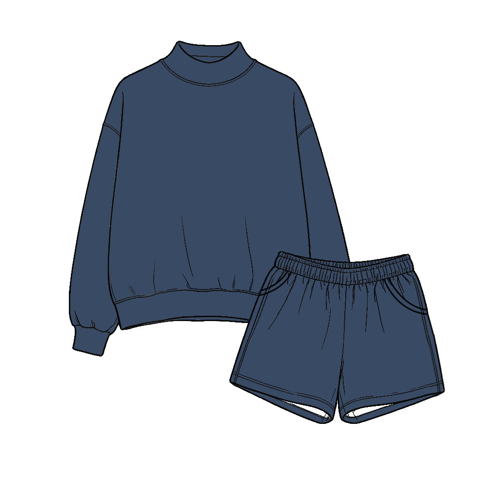Navy long sleeve mock neck top matching shorts set outfit preorder