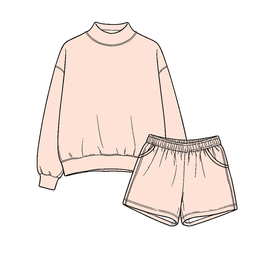 Pink long sleeve mock neck top matching shorts set outfit preorder