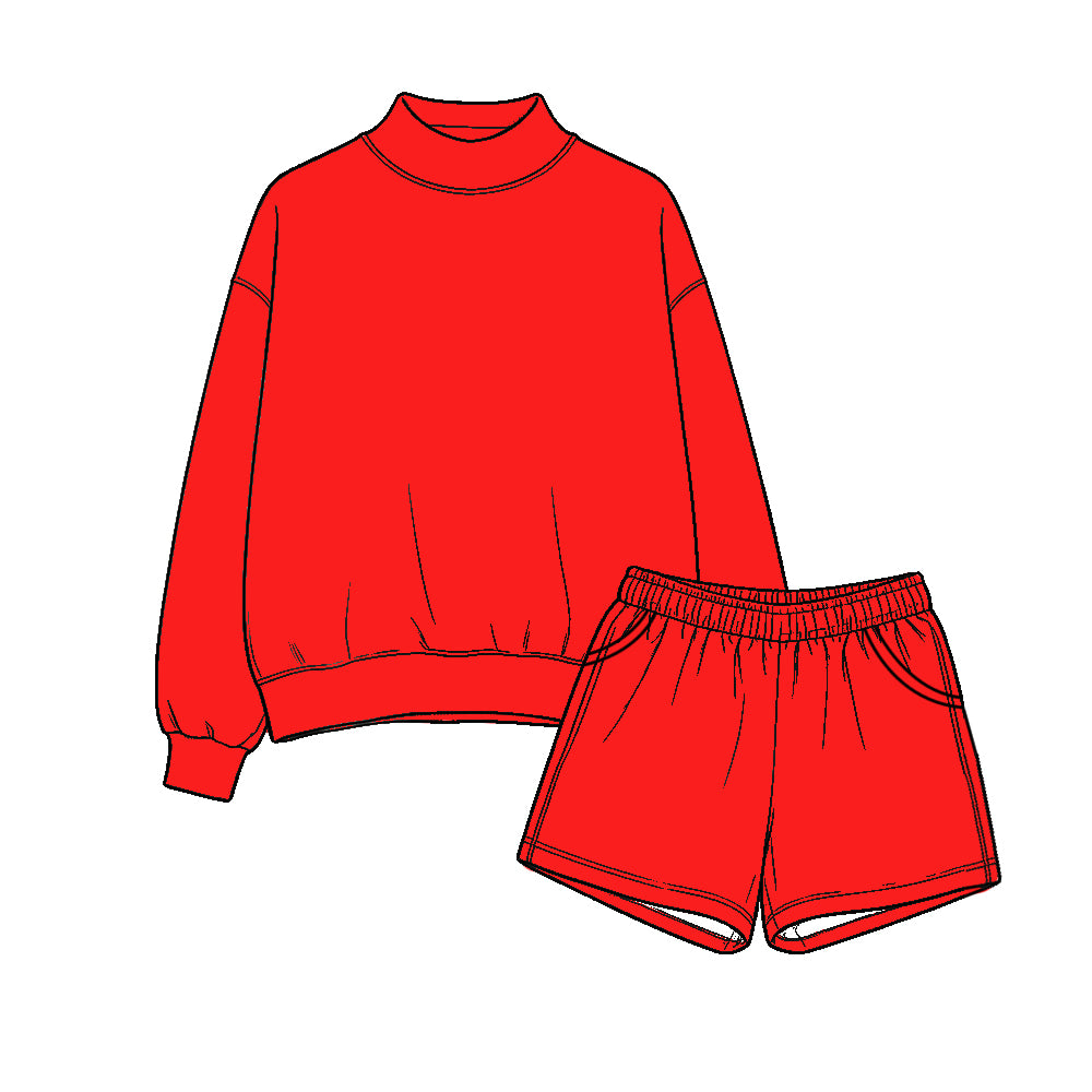 Red long sleeve mock neck top matching shorts set outfit preorder