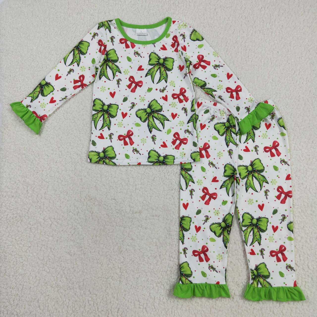 Christmas red green bow girls long sleeve matching outfit