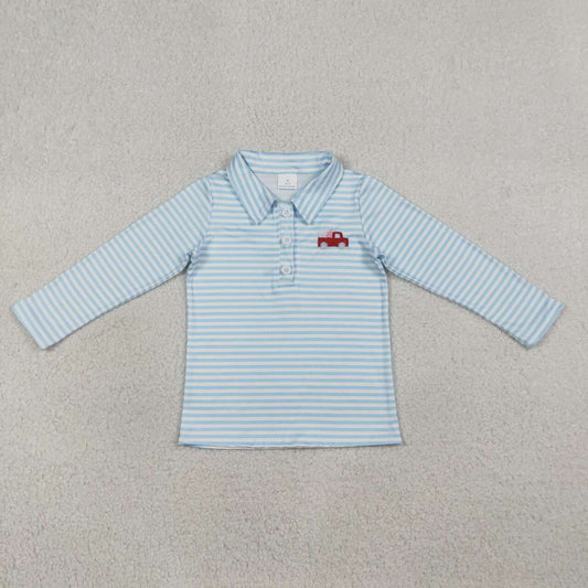 Embroidery Valentines heart blue stripes boy long sleeve top