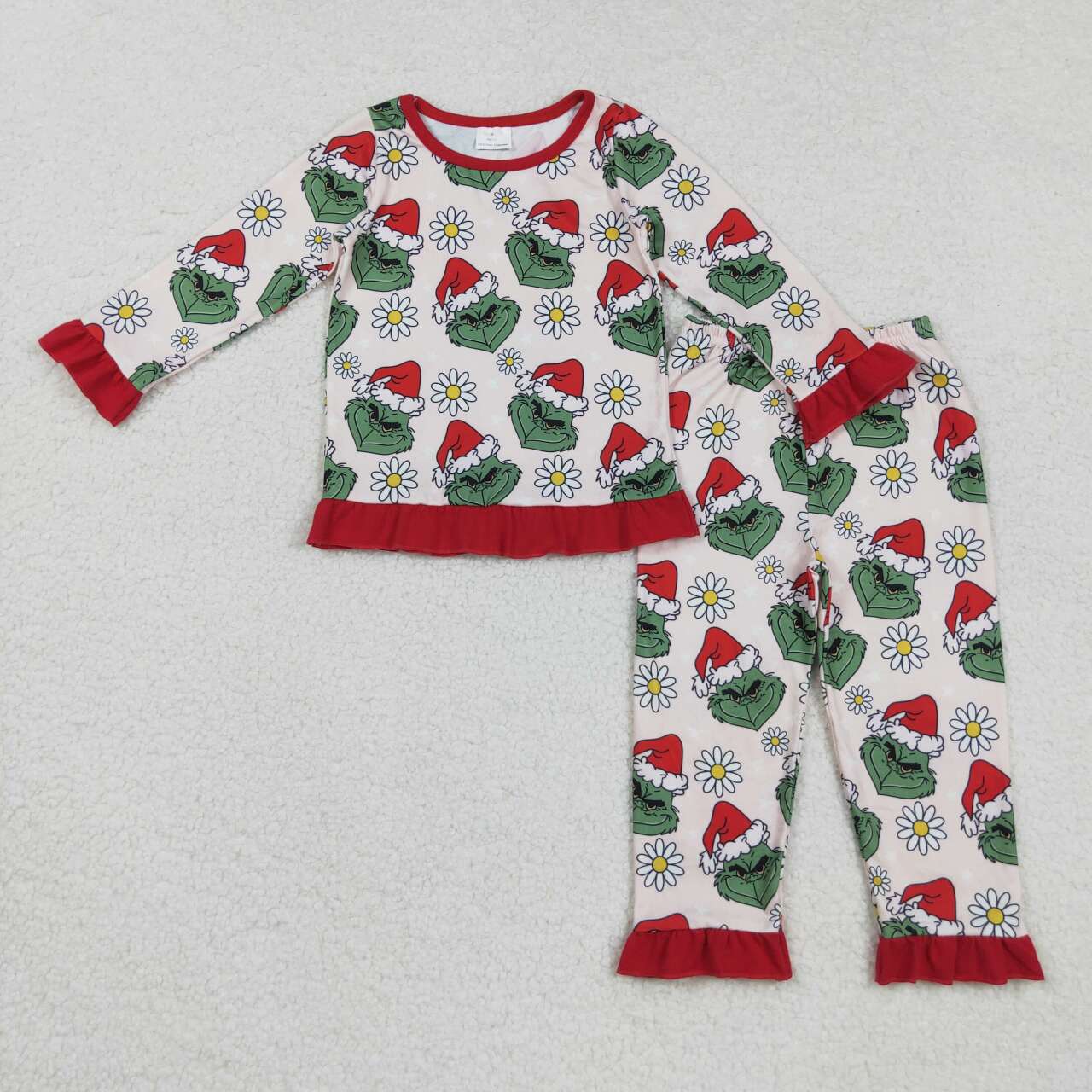 Christmas green face flowers kids long sleeve matching outfit