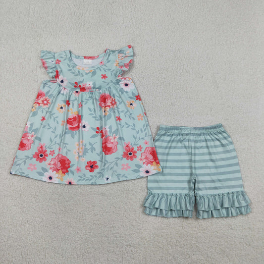 Flowers shirt matching shorts girls summer outfit