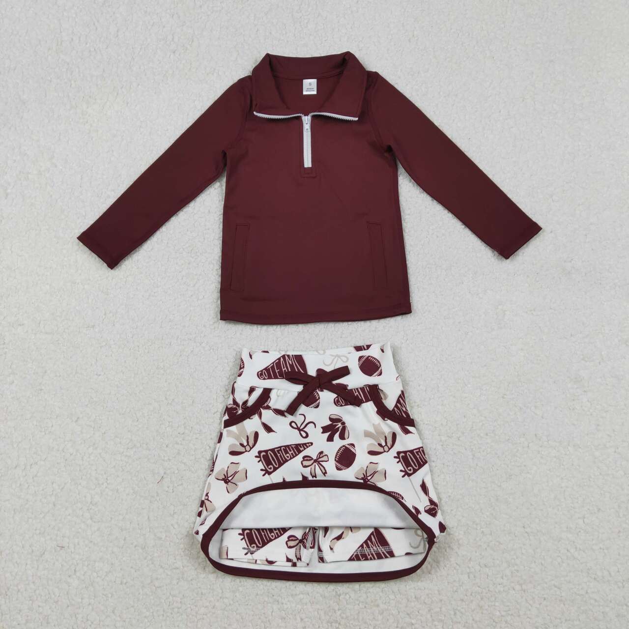 wholesale kids clothes wine red team active wear design skirt matching outfit