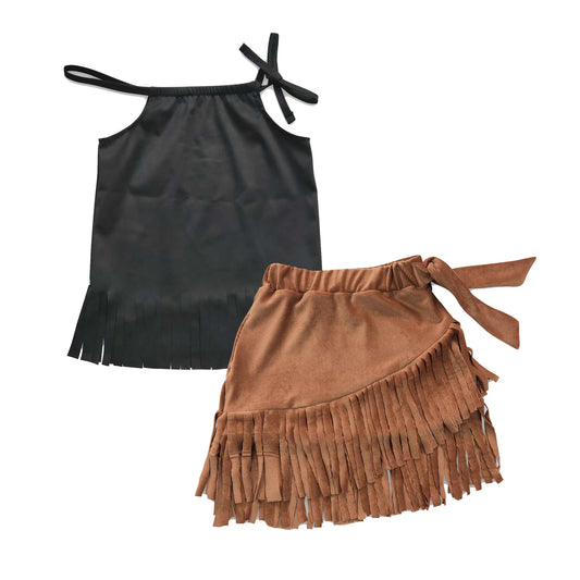 black suede cord top brown skirt 2pcs summer clothing set