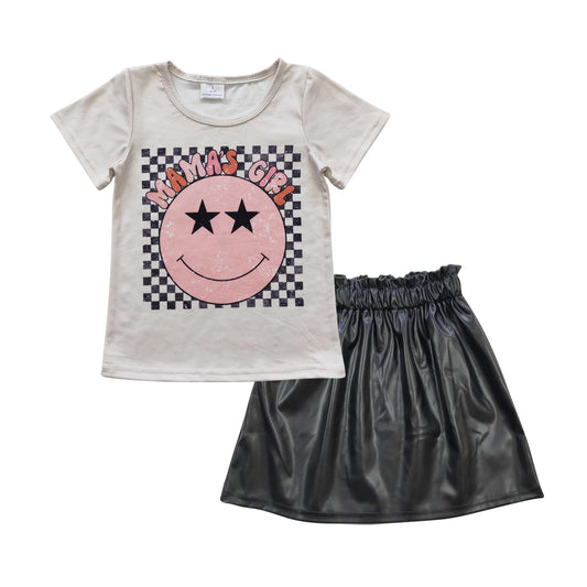 Wholesale price Mama's girl  top p-leather skirt clothing set