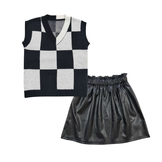 checkered sweater vest p-leather skirt outfit