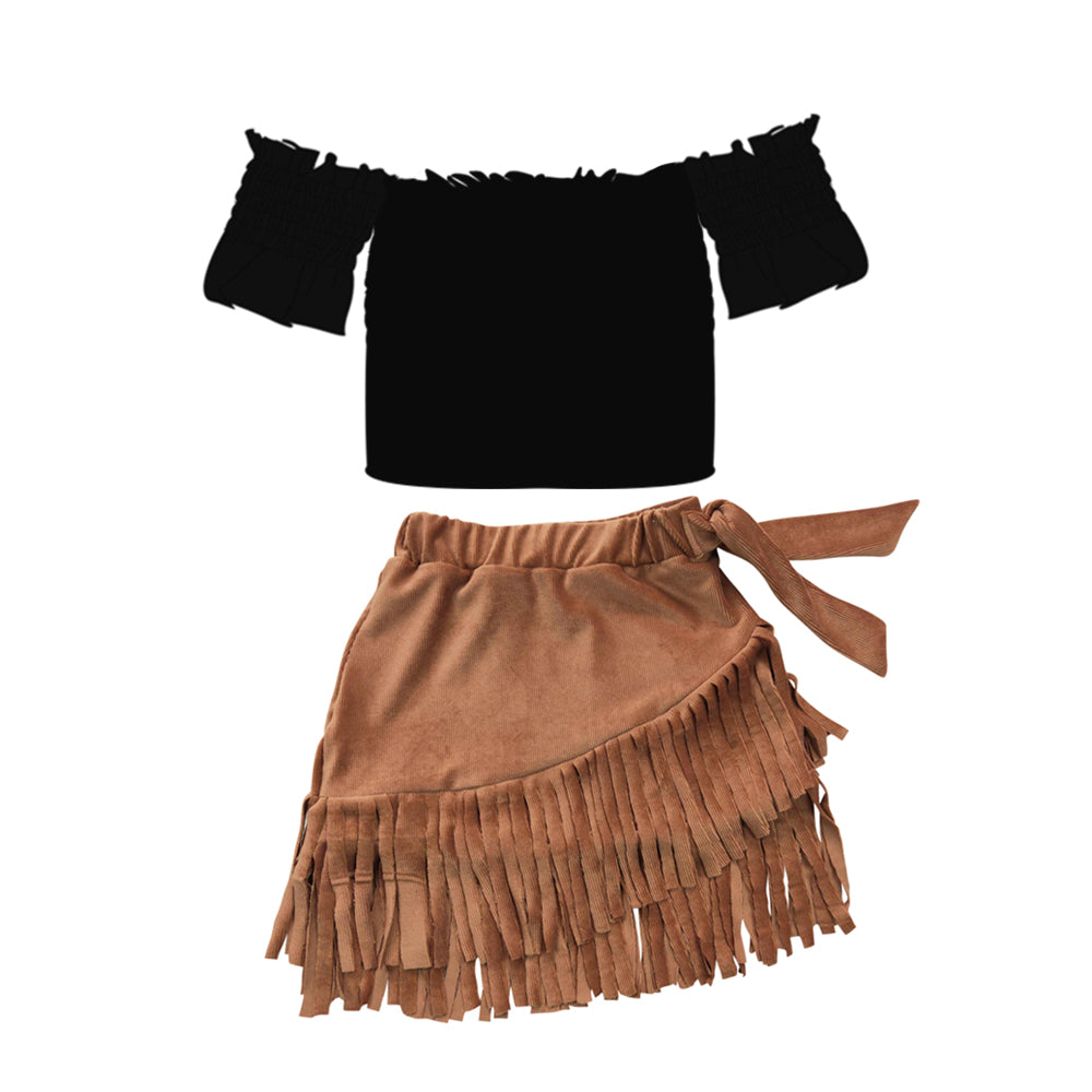 girls black velvet top brown fringe skirts outfit preorder