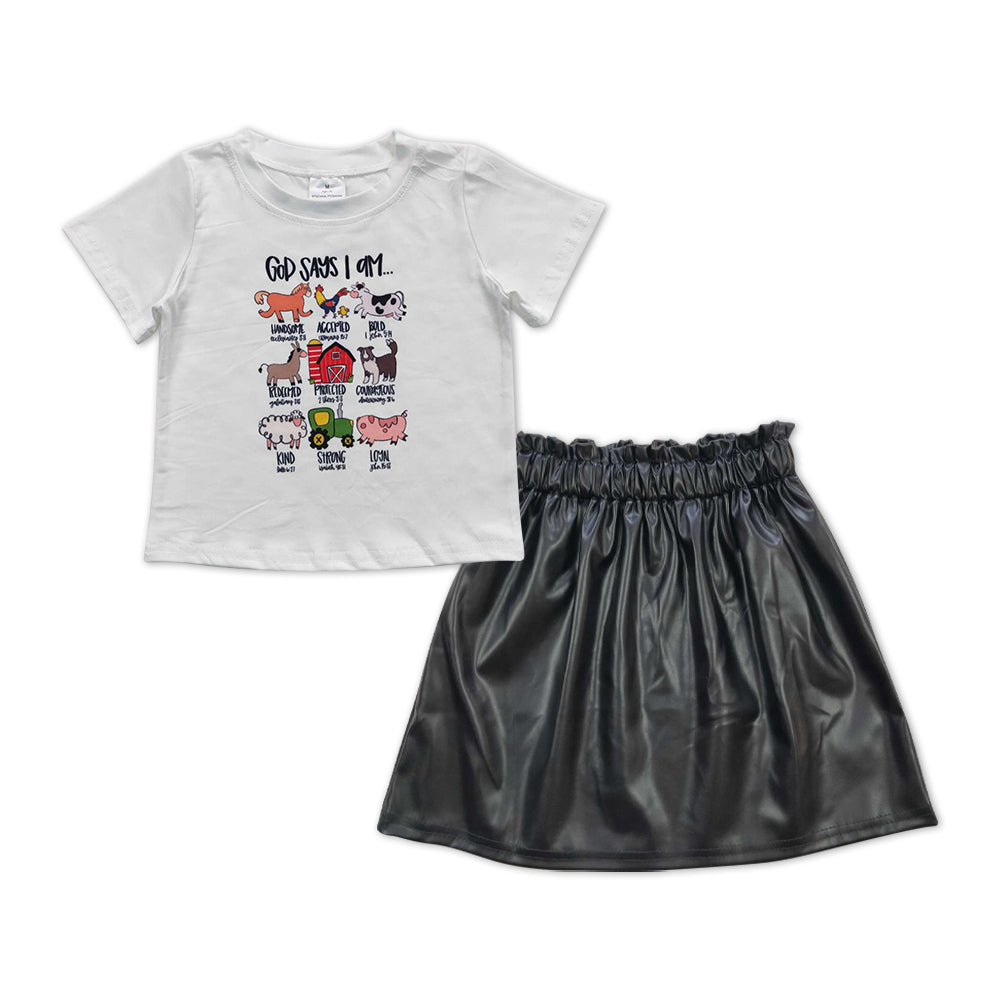 farm animal top black pu leather skirt 2pcs set