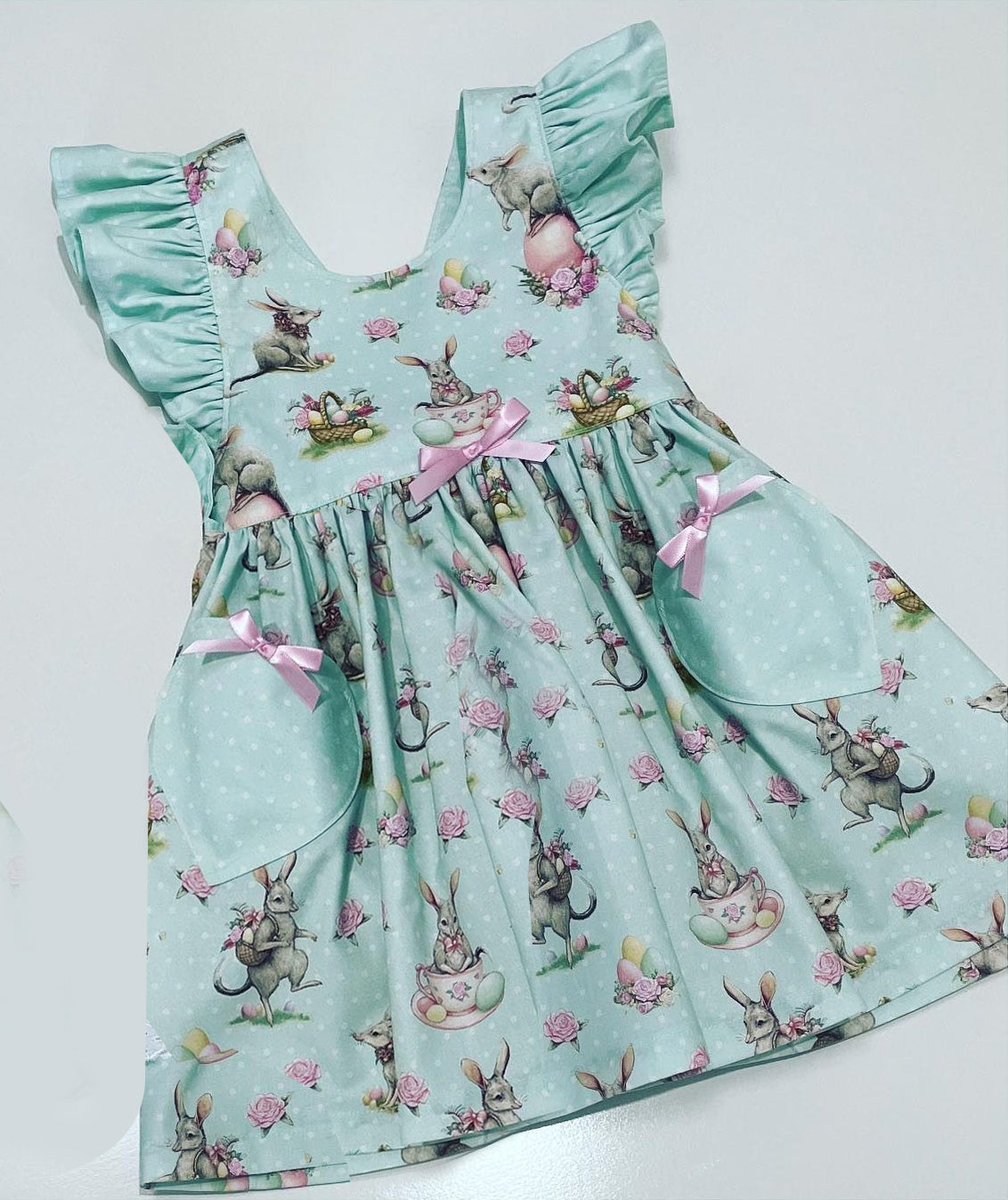 Easter bunny short sleeve blue floral pocket dress preorder