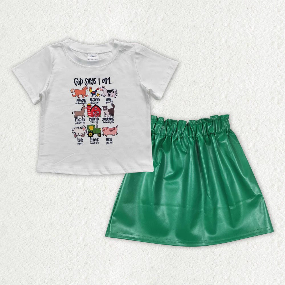 girls animal shirt green pu leather skirt outfit