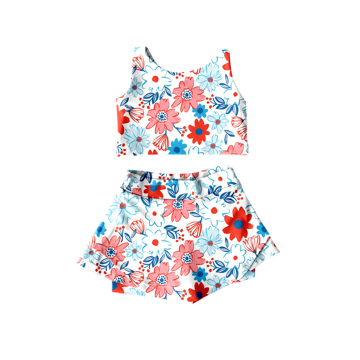 girls blue red floral july 4th skirt outfit preorder