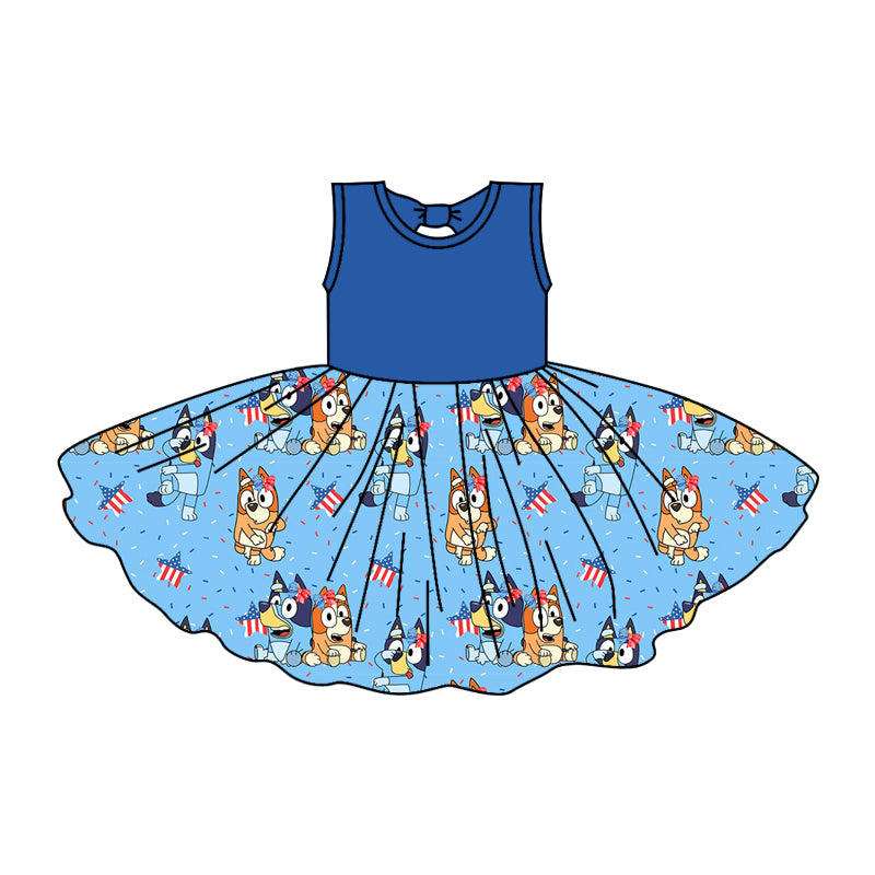 American girls blue cartoon dog july 4th dress preorder