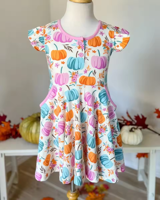Baby girl colorful pumpkin fall season dress preorder