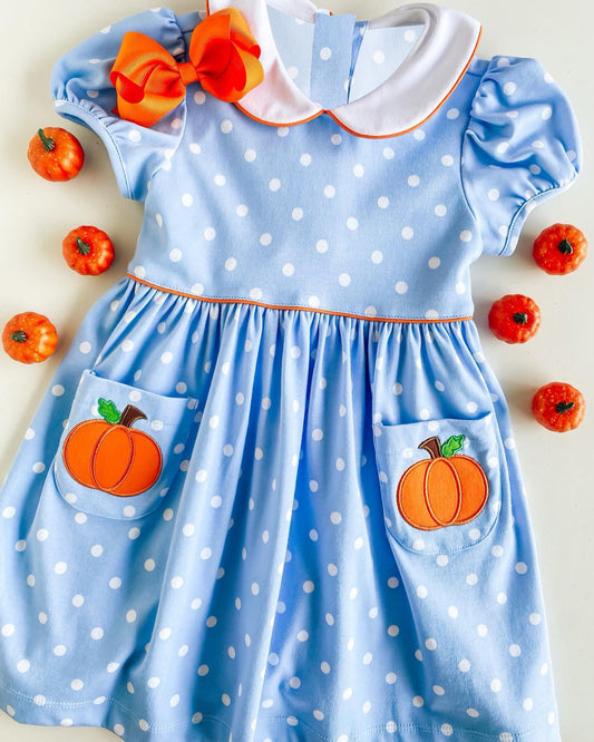 infant baby girls blue dots pumpkin pocket dress preorder