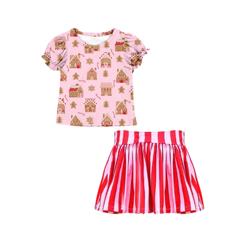 infant baby girl christmas house top red stripes skirt clothes preorder