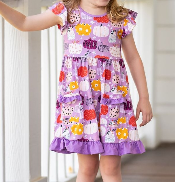 Wholesale kids girls colorful pumpkin fall season dress preorder