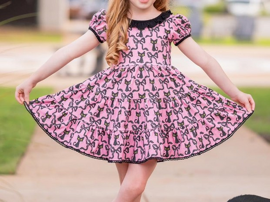 Halloween cat black bow long sleeve dress preorder