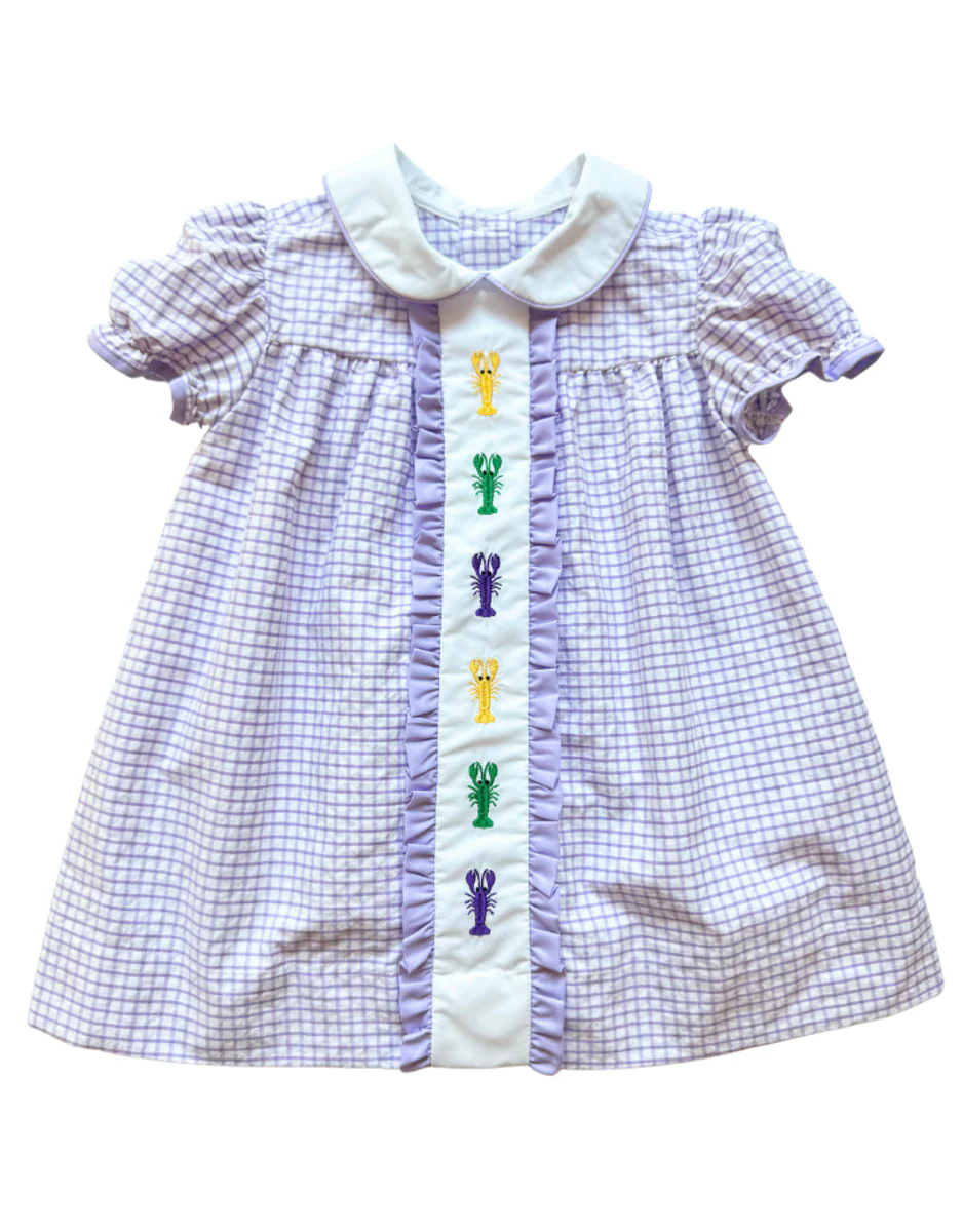 Mardi Gras crawfish baby girls plaid dress preorder